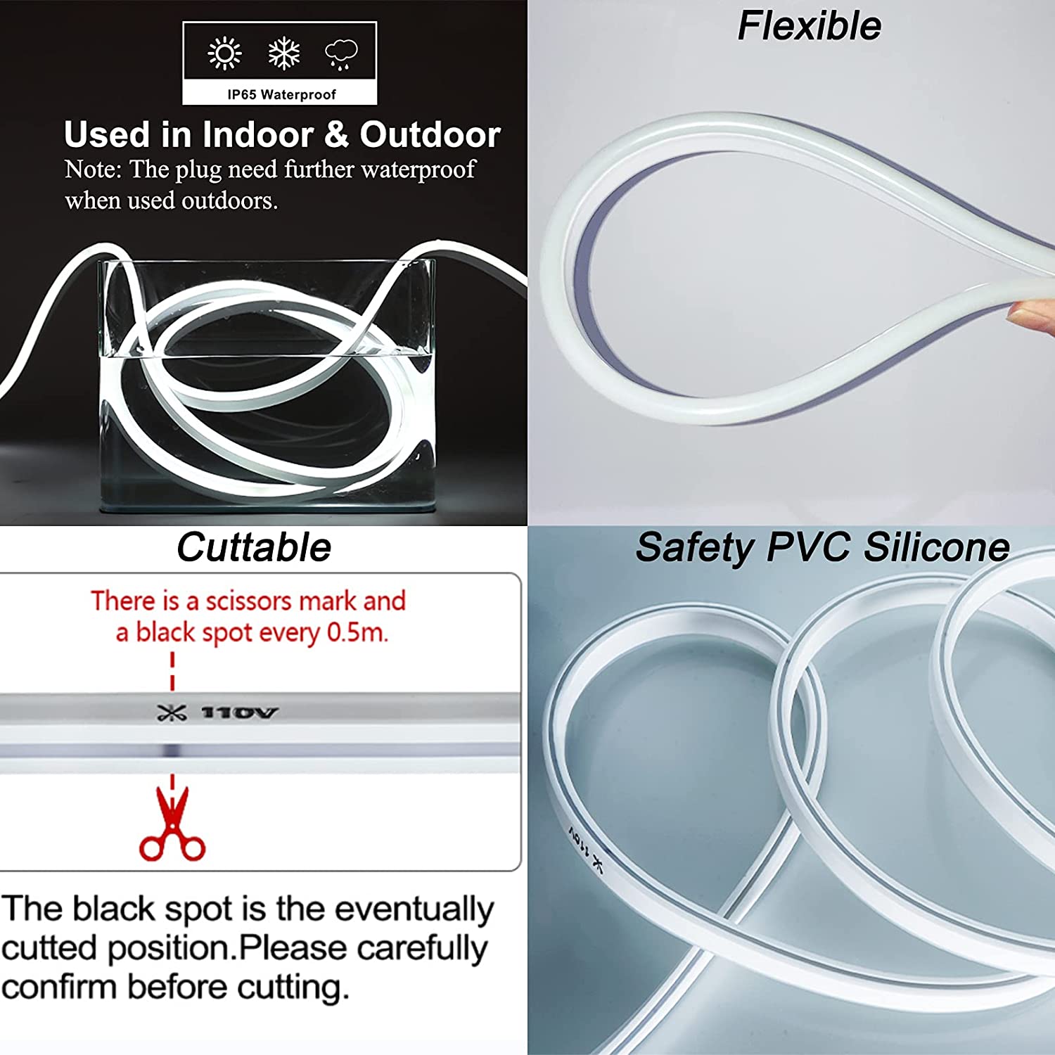 Corde lumineuse au néon LED 110VNDaylight White, certifiée UL